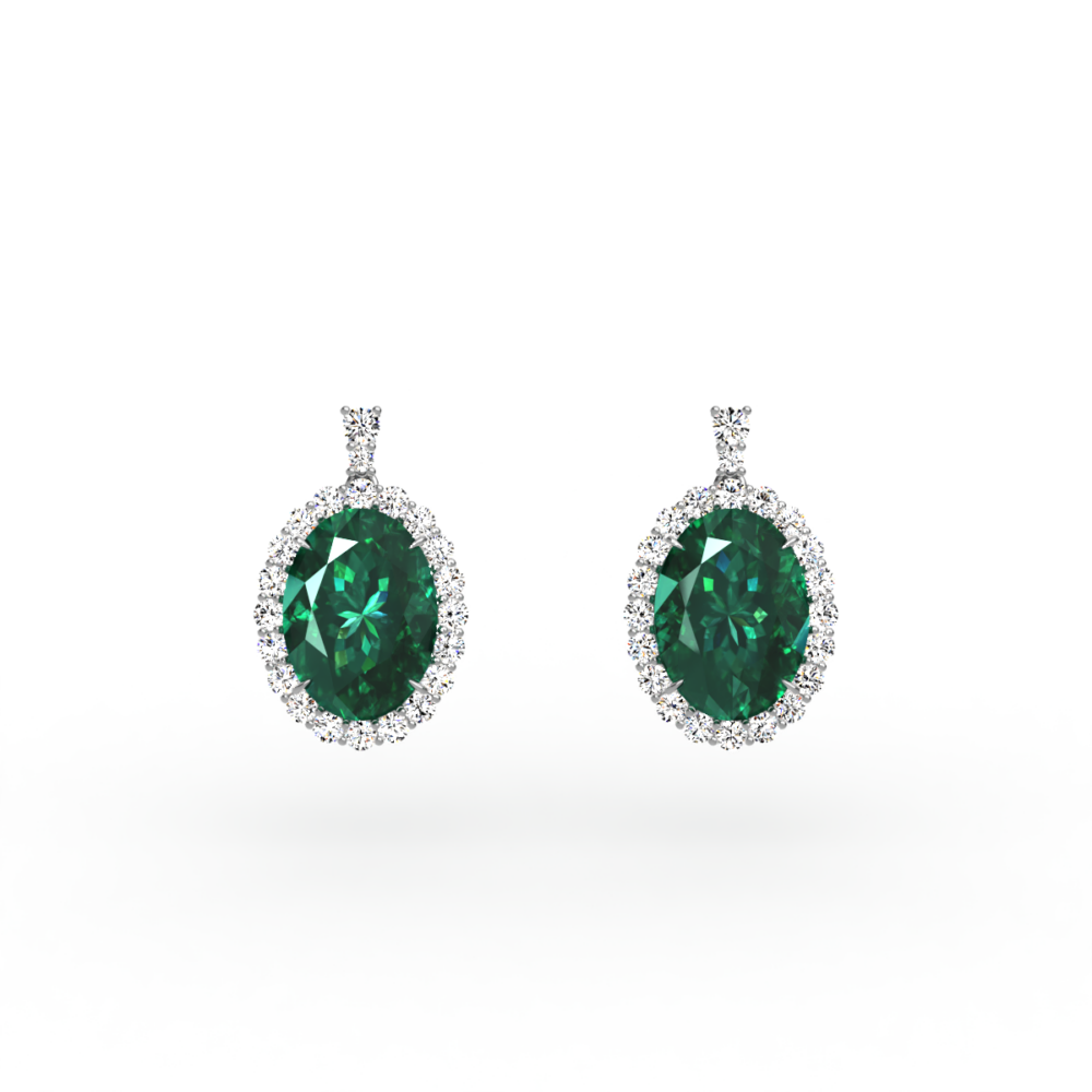 Oval Cut Emerald and Diamond Halo Earrings