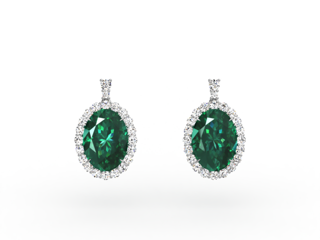 Oval Cut Emerald and Diamond Halo Earrings