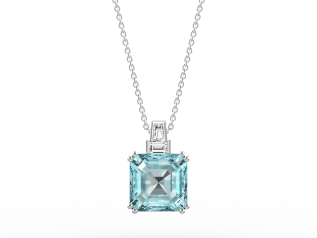 Square Octagon Cut Aquamarine Pendant with Baguette Diamonds