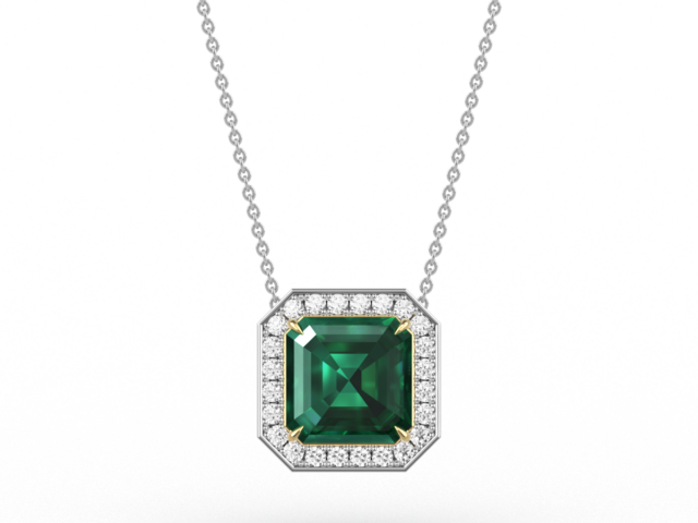 Square Octagon Cut Emerald Halo Pendant