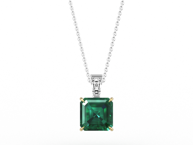 Square Octagon Cut Emerald and Tapered Diamond Pendant