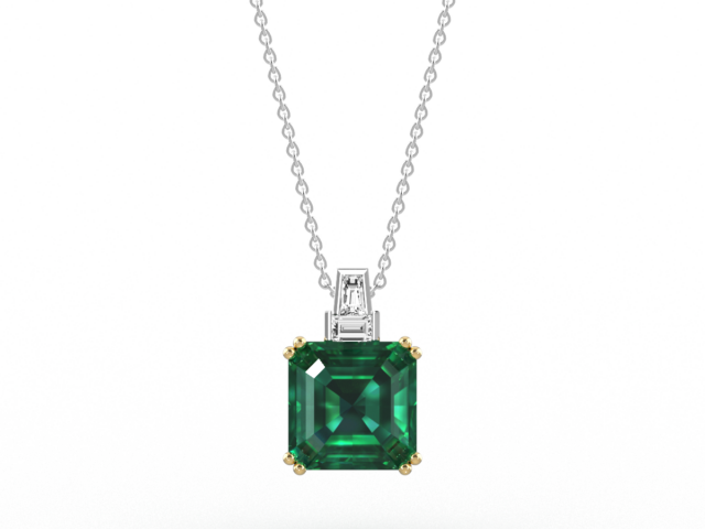 Square Octagon Cut Emerald Pendant with Baguette Diamonds