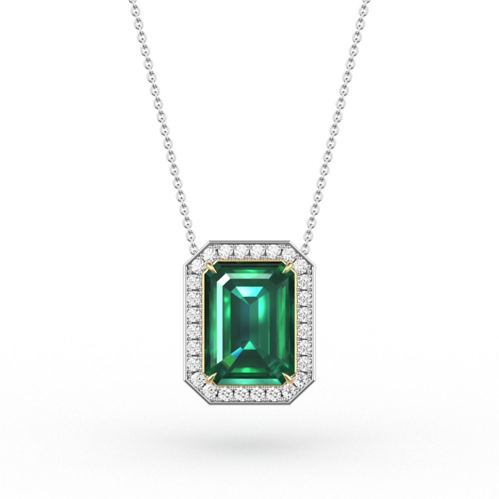 Emerald Cut Emerald Halo Pendant