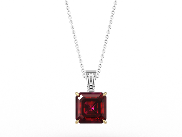 Square Octagon Cut Ruby and Tapered Diamond Pendant