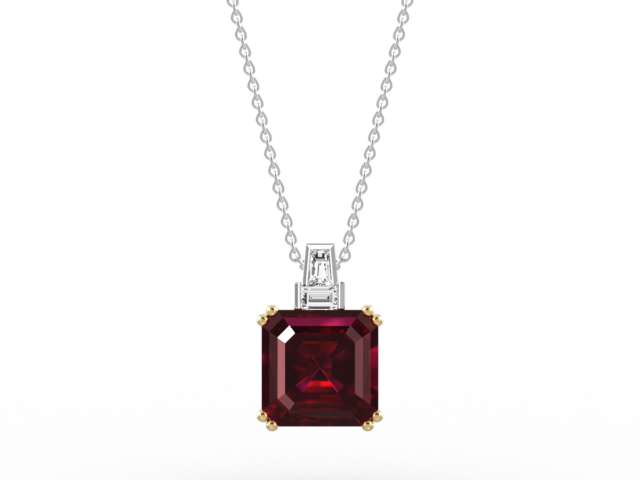 Square Octagon Cut Ruby Pendant with Baguette Diamonds