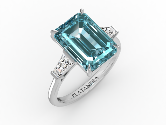 Emerald Cut Aquamarine & Diamond 3-Stone Ring