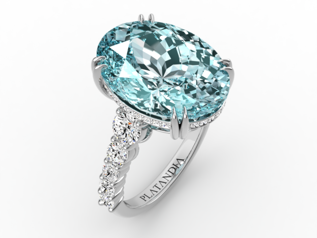 Oval Cut Aquamarine & Diamond Hidden Halo Ring