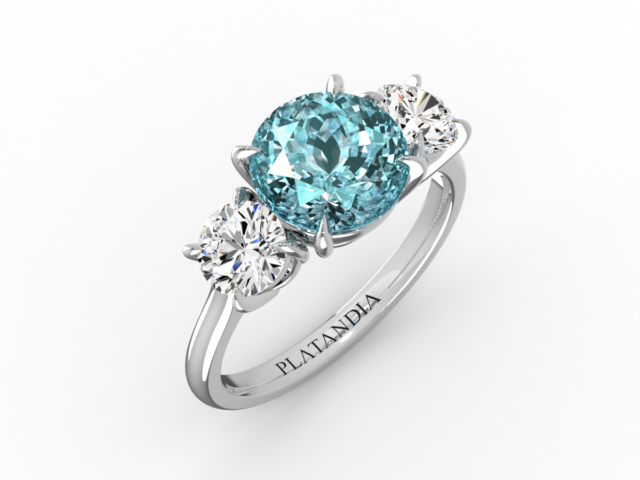 Round Cut Aquamarine & Diamond 3-Stone Ring