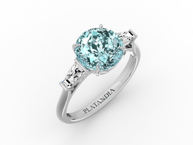 Round Cut Aquamarine & Diamond 3-Stone Ring