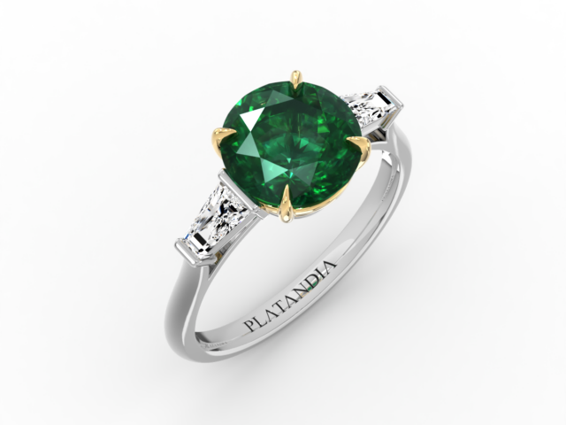 Round Cut Emerald & Diamond 3-Stone Ring