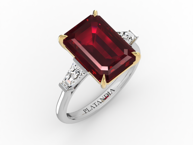 Emerald Cut Ruby & Diamond 3-Stone Ring