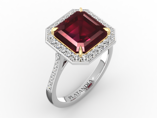Square Octagon Cut Ruby Halo Ring