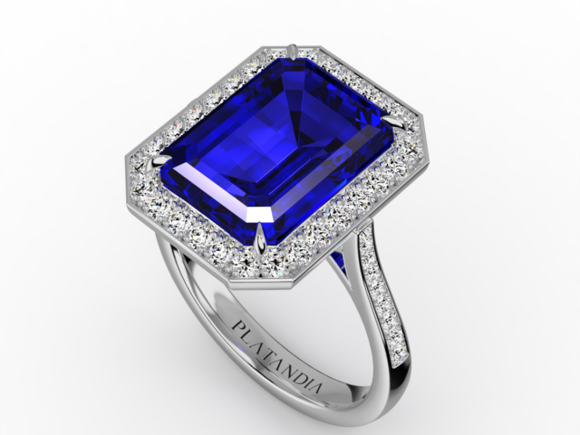 Emerald Cut Tanzanite Ring with Diamond Halo