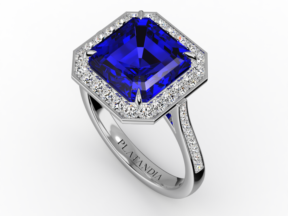Square Octagon Cut Tanzanite Ring with Diamond Halo